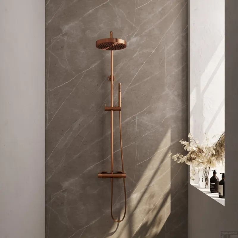 Brauer Stripe opbouw thermostatische regendouche SET 01 met 25 cm hoofddouche en staaf handdouche en doucheslang koper geborsteld PVD Gecertificeerd