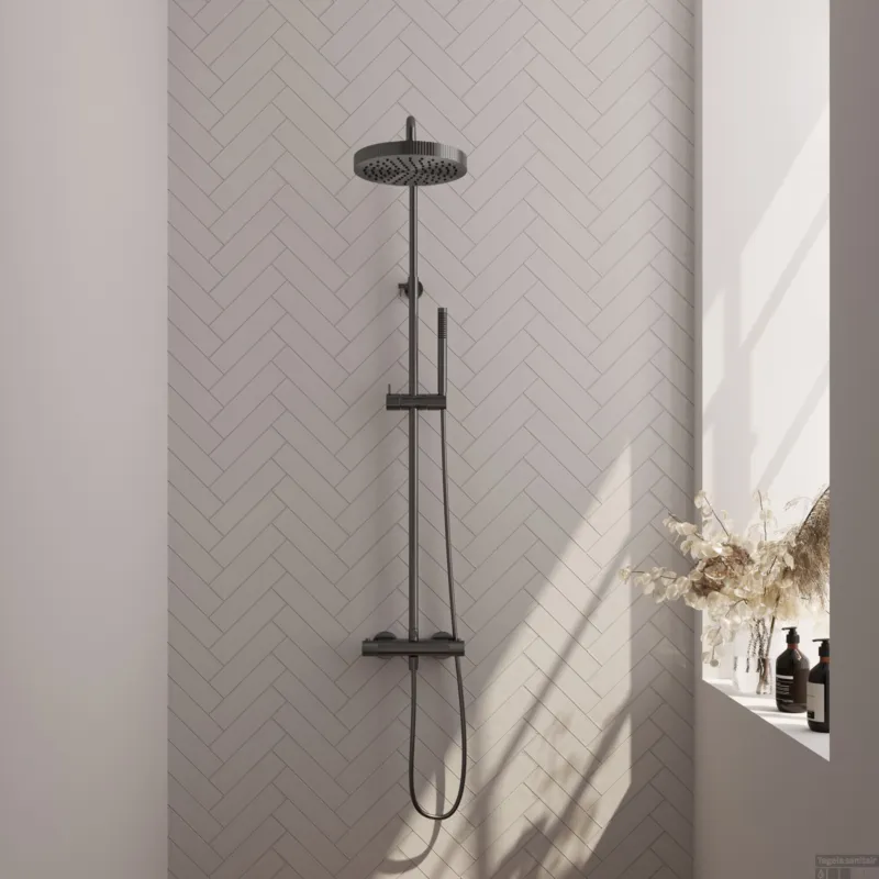 Brauer Stripe opbouw thermostatische regendouche SET 01 met 25 cm hoofddouche en staaf handdouche en doucheslang gunmetal geborsteld PVD Direct Beschikbaar
