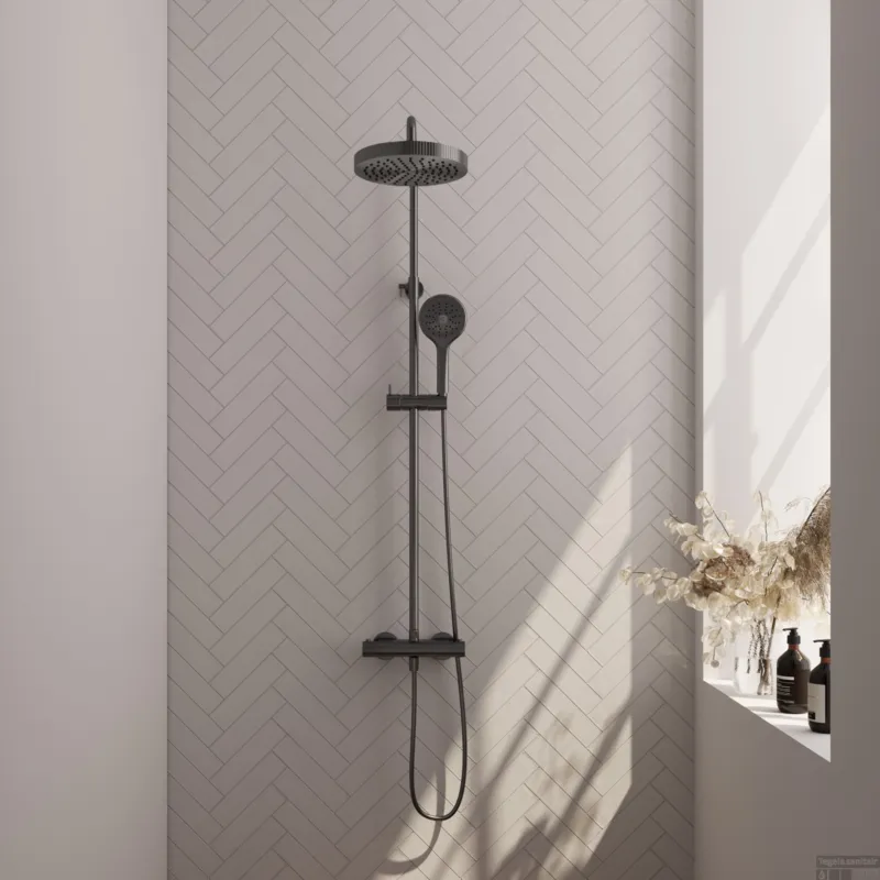Brauer Stripe opbouw thermostatische regendouche SET 02 met 25 cm hoofddouche en 3-standen handdouche en doucheslang gunmetal geborsteld PVD Superprijs