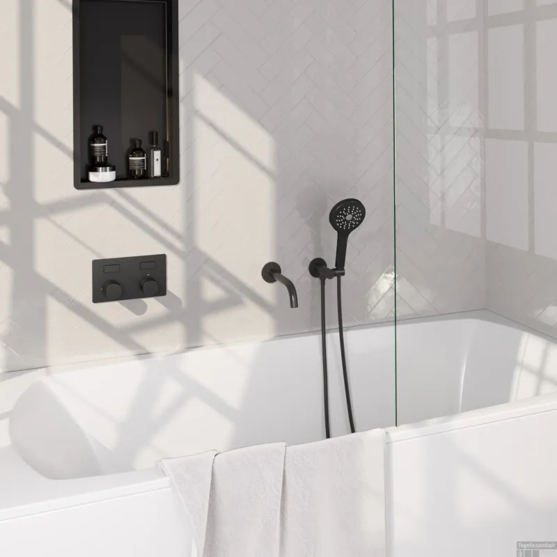 Brauer Stripe thermostatische inbouw badkraan met drukknoppen SET 04 met uitloop en 3-standen handdouche en doucheslang en wandaansluitbocht mat zwart Nu Kopen