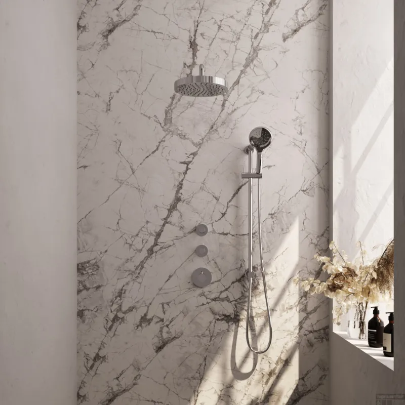 Brauer Stripe thermostatische inbouw regendouche SET 11 met 25 cm douchekop en gebogen muurarm en 3-standen handdouche en doucheslang en geintegreerde glijstang chroom Beperkte Voorraad