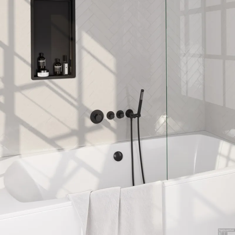 Koop Online Brauer Stripe thermostatische inbouw badkraan SET 01 met badvulcombinatie en staaf handdouche en doucheslang en wandaansluitbocht mat zwart