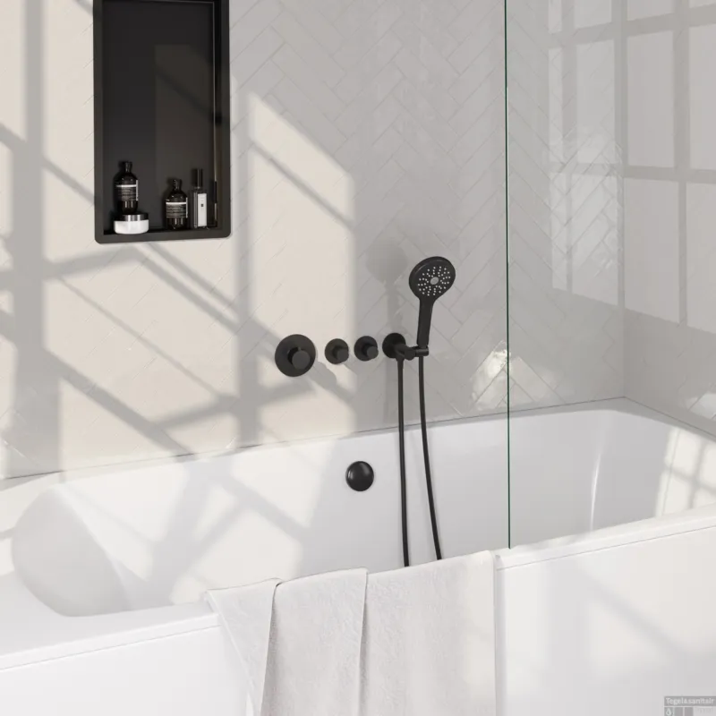 Brauer Stripe thermostatische inbouw badkraan SET 02 met badvulcombinatie en 3-standen handdouche en doucheslang en wandaansluitbocht mat zwart Snelle Levering