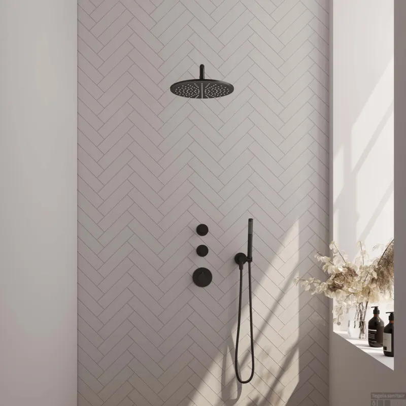 Inbouw Regendouche Set Brauer Black Edition Gebogen Wanduitloop Ronde Hoofddouche 30 cm Met Twee Stopkranen Mat Zwart Exclusieve Aanbieding