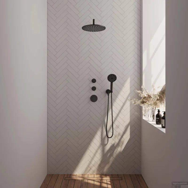 Uitverkoop Inbouw Regendouche Set Brauer Black Edition Gebogen Wanduitloop Ronde Hoofddouche 30 cm Met Twee Stopkranen en Handdouche 3 Standen Mat Zwart