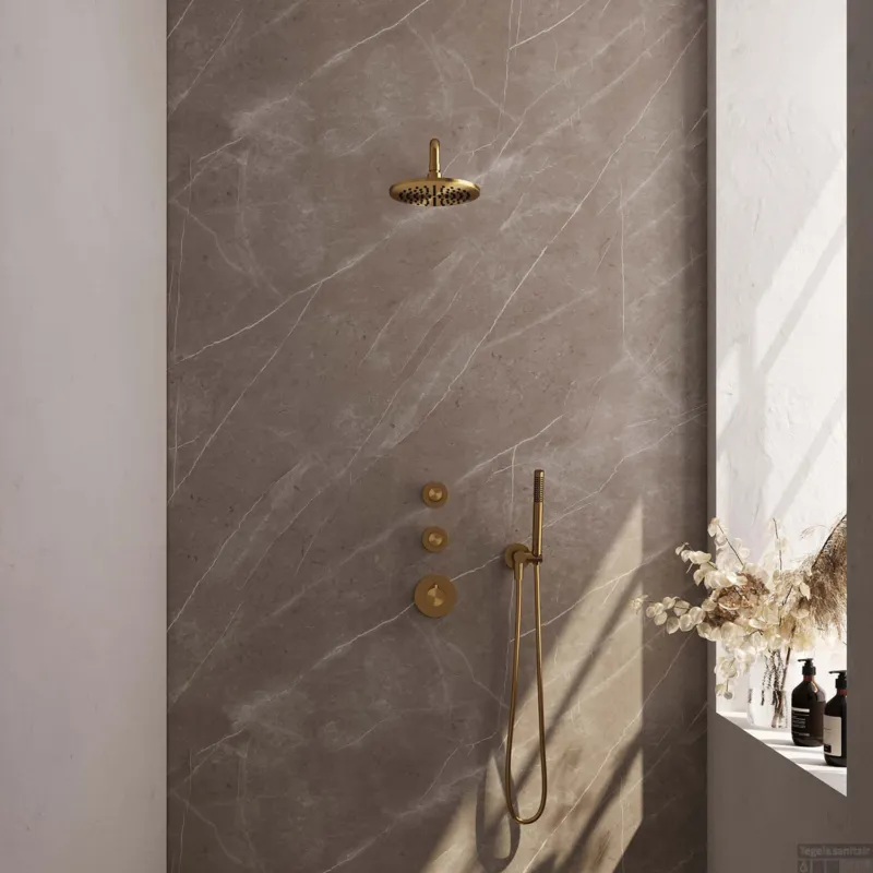 Regendoucheset Inbouw Brauer Gold Edition Thermostatisch 20cm met Gebogen Wandarm en Handdouche Staaf Losse Stopkranen Geborsteld Goud Populair