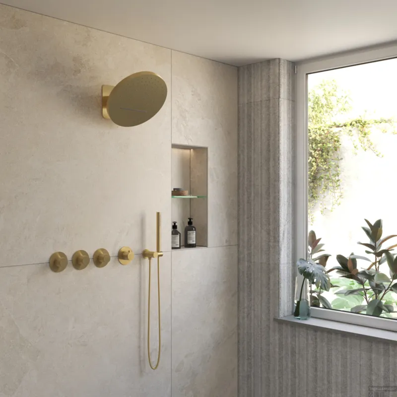 BWS Inbouw Regendouche Sensa Goud Wanduitloop 32cm Hoofddouche met Handdouche Stopkranen Tropical Rain Op = Op