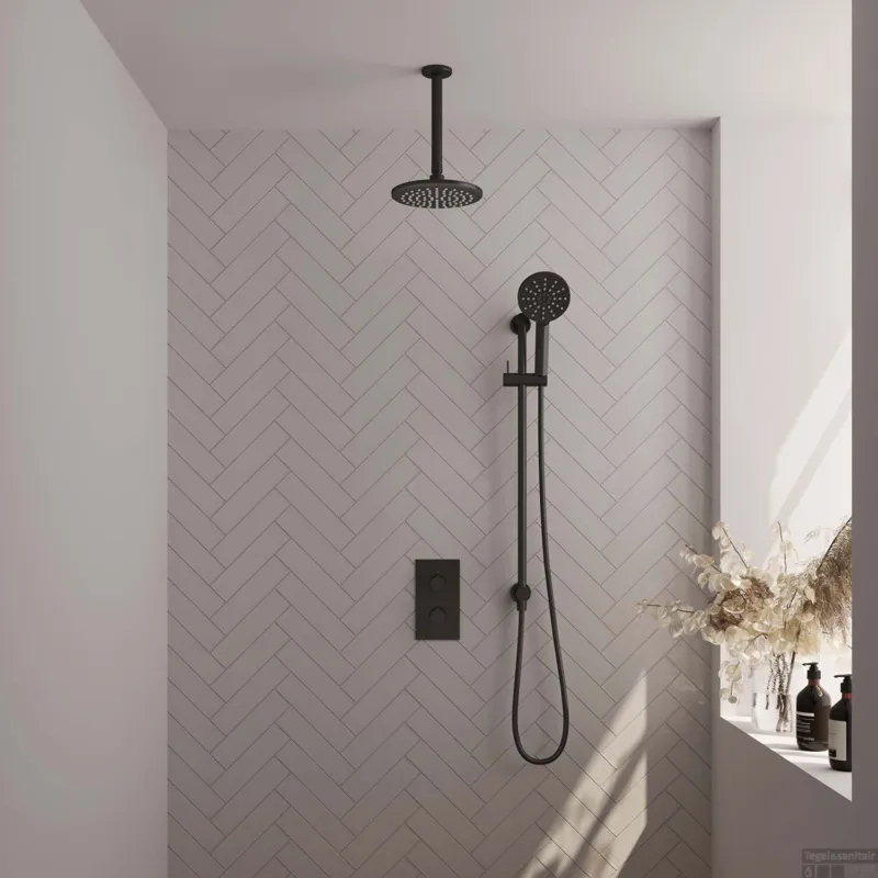 Regendoucheset Inbouw Brauer Black Carving Thermostatisch 20cm met 3-Weg Omstelling Plafondarm Glijstang en Handdouche 3-Standen Mat Zwart Laatste Versie