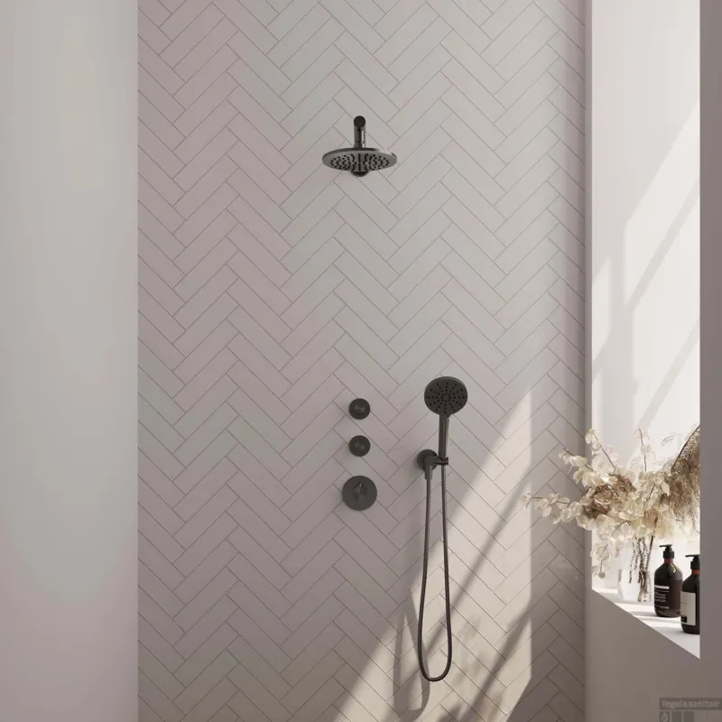 Regendoucheset Inbouw Brauer Gunmetal Edition Thermostatisch 20cm met Wandarm en Handdouche 3-Standen Losse Stopkranen Geborsteld Gunmetal Laatste Kans