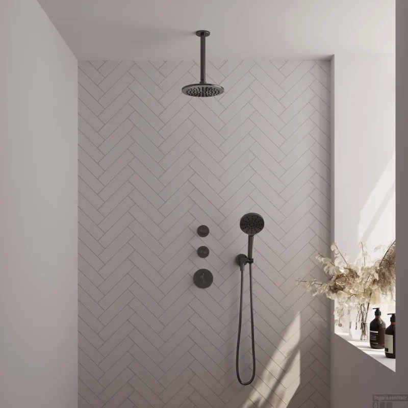 Regendoucheset Inbouw Brauer Gunmetal Edition Thermostatisch 20cm met Plafondarm en Handdouche 3-Standen Losse Stopkranen Geborsteld Gunmetal Lage Prijs