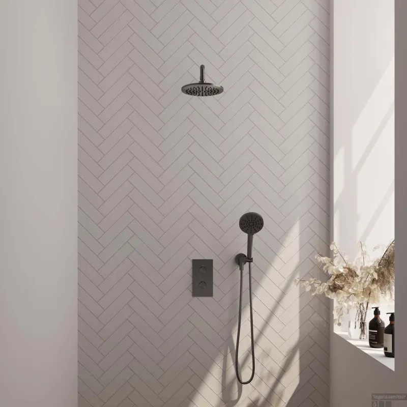Express Levering Regendoucheset Inbouw Brauer Gunmetal Edition Thermostatisch 20cm met 3-Weg Omstelling, Gebogen Wandarm en 3-Standen Handdouche Geborsteld Gunmetal