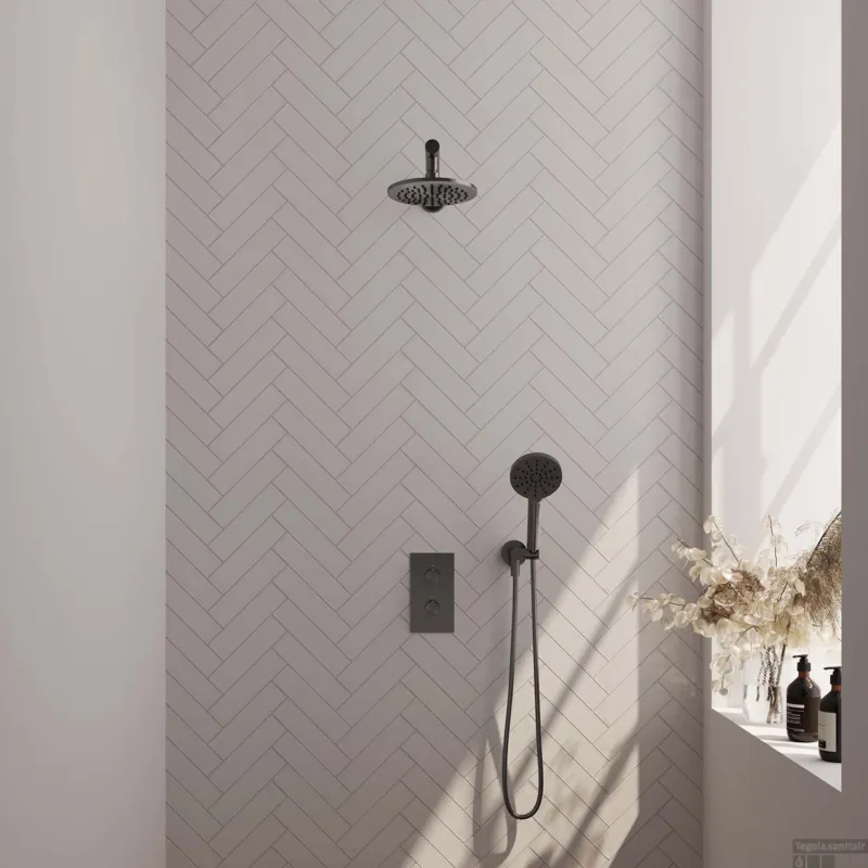 Regendoucheset Inbouw Brauer Gunmetal Edition Thermostatisch 20cm met 3-Weg Omstelling, Wandarm en 3-Standen Handdouche Geborsteld Gunmetal Gratis Retour