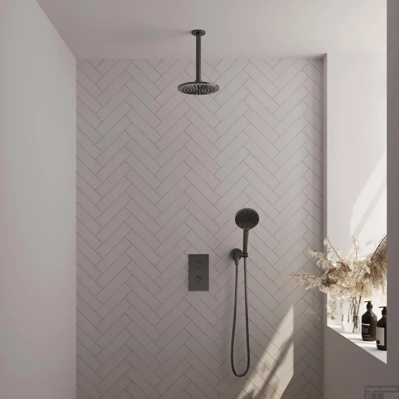 Express Levering Regendoucheset Inbouw Brauer Gunmetal Edition Thermostatisch 20cm met 3-Weg Omstelling, Plafondarm en 3-Standen Handdouche Geborsteld Gunmetal
