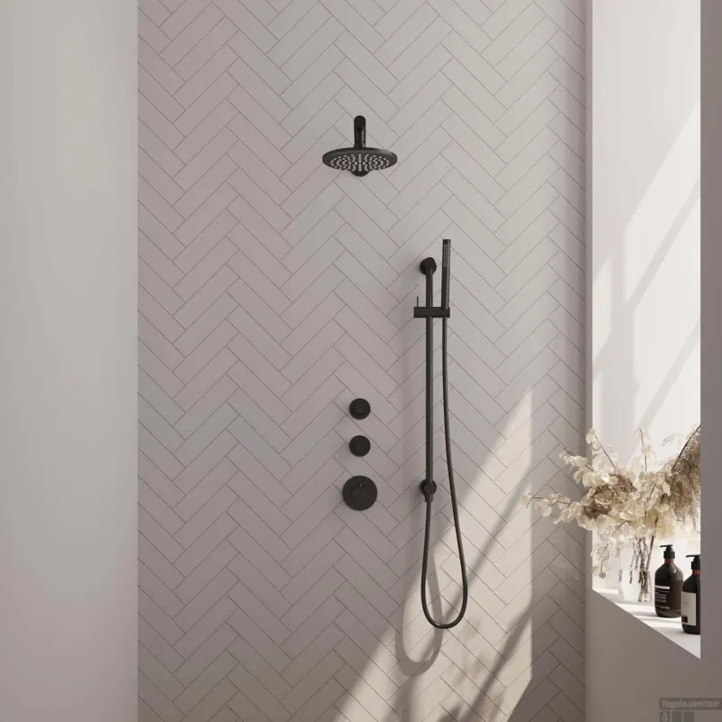 Regendoucheset Inbouw Brauer Black Carving Thermostatisch 20cm met Wandarm, Glijstang en Handdouche Staaf Losse Stopkranen Mat Zwart Beperkte Voorraad