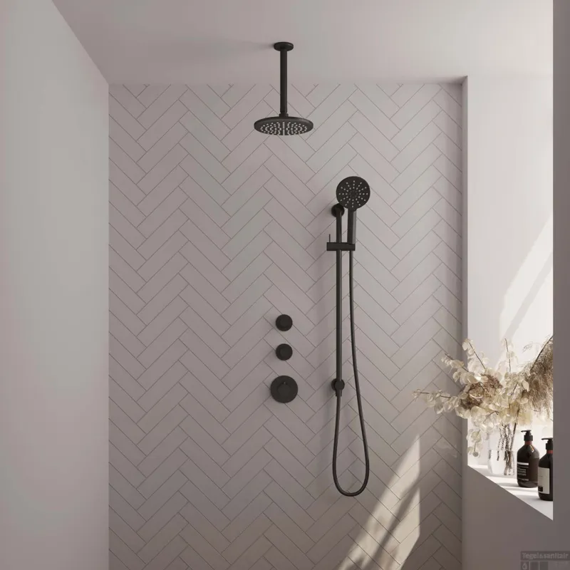 Lage Prijs Regendoucheset Inbouw Brauer Black Carving Thermostatisch 20cm met Plafondarm, Glijstang en Handdouche 3-Standen Losse Stopkranen Mat Zwart