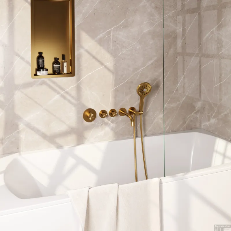 Brauer Stripe thermostatische inbouw badkraan SET 02 met uitloop en 3-standen handdouche en doucheslang en wandaansluitbocht goud geborsteld PVD Exclusieve Aanbieding