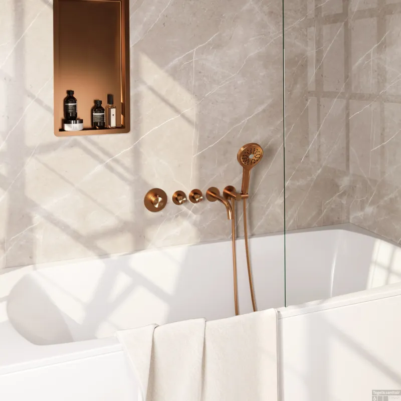 Brauer Stripe thermostatische inbouw badkraan SET 02 met uitloop en 3-standen handdouche en doucheslang en wandaansluitbocht koper geborsteld PVD Beperkte Voorraad