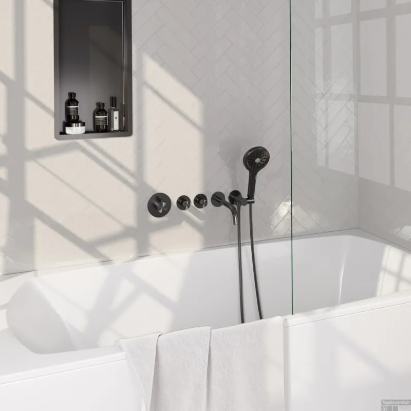 Brauer Stripe thermostatische inbouw badkraan SET 02 met uitloop en 3-standen handdouche en doucheslang en wandaansluitbocht gunmetal geborsteld PVD Veilige Betaling