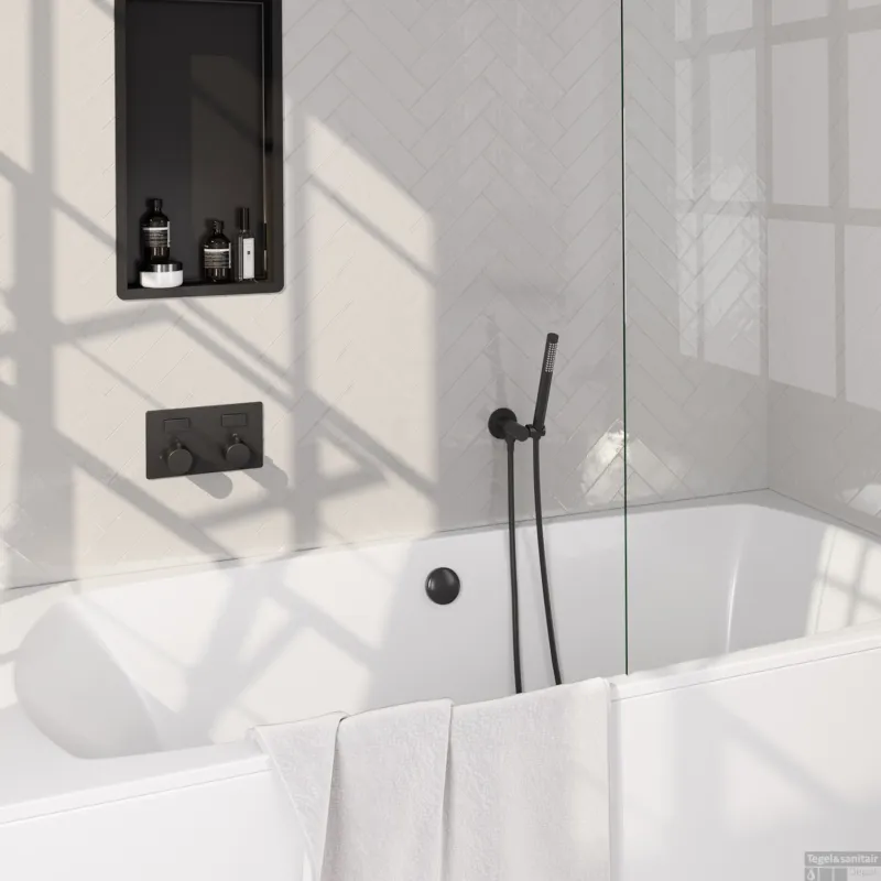 Inbouwthermostaat set Brauer Black Edition Met Drukknoppen Incl Baduitloop en Afvoer Mat Zwart(Keuze Handdouche) Exclusieve Aanbieding
