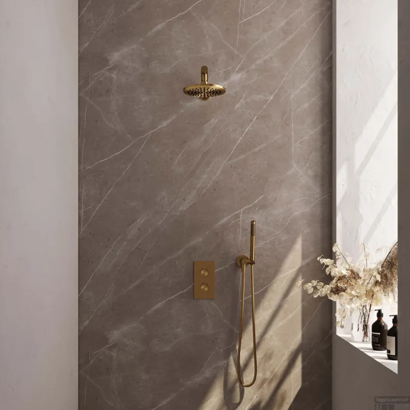 Regendoucheset Inbouw Brauer Gold Carving Thermostatisch 20cm met 3-Weg Omstelling, Wandarm en Staaf Handdouche Geborsteld Goud Alleen Vandaag