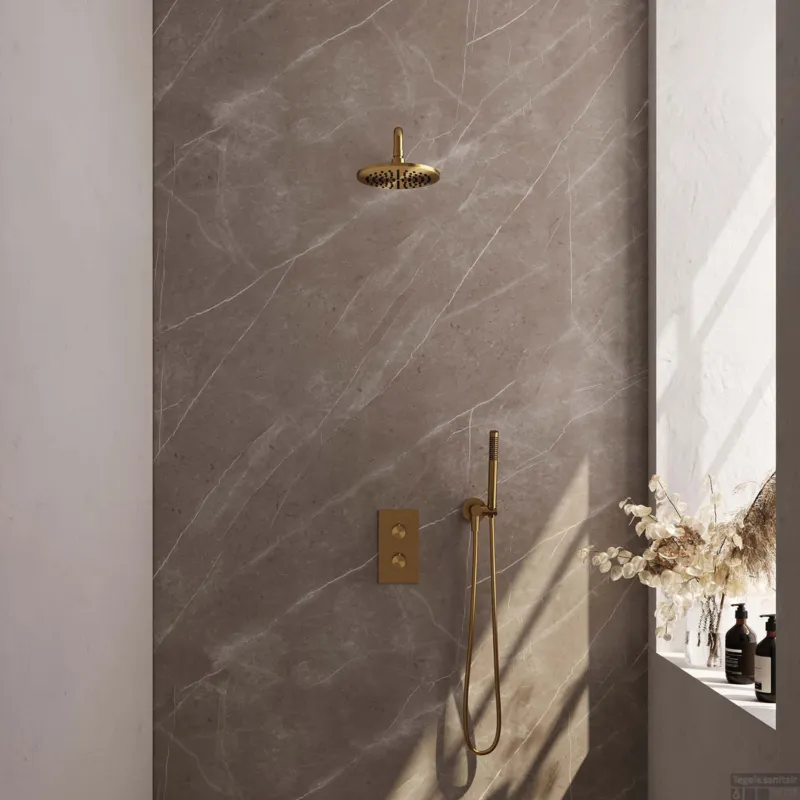 Must-Have Regendoucheset Inbouw Brauer Gold Carving Thermostatisch 20cm met 3-Weg Omstelling, Gebogen Wandarm en Staaf Handdouche Geborsteld Goud