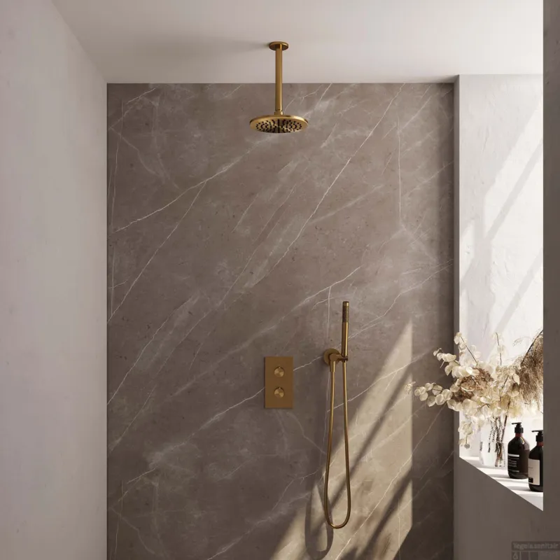 Laatste Kans Regendoucheset Inbouw Brauer Gold Carving Thermostatisch 20cm met 3-Weg Omstelling, Plafondarm en Staaf Handdouche Geborsteld Goud