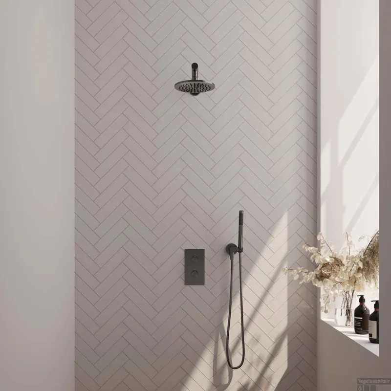 Alleen Vandaag Regendoucheset Inbouw Brauer Gunmetal Carving Thermostatisch 20cm met 3-Weg Omstelling, Wandarm en Staaf Handdouche Geborsteld Gunmetal