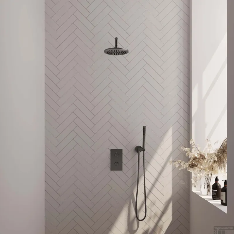 Voordeelprijs Regendoucheset Inbouw Brauer Gunmetal Carving Thermostatisch 20cm met 3-Weg Omstelling, Gebogen Wandarm en Staaf Handdouche Geborsteld Gunmetal