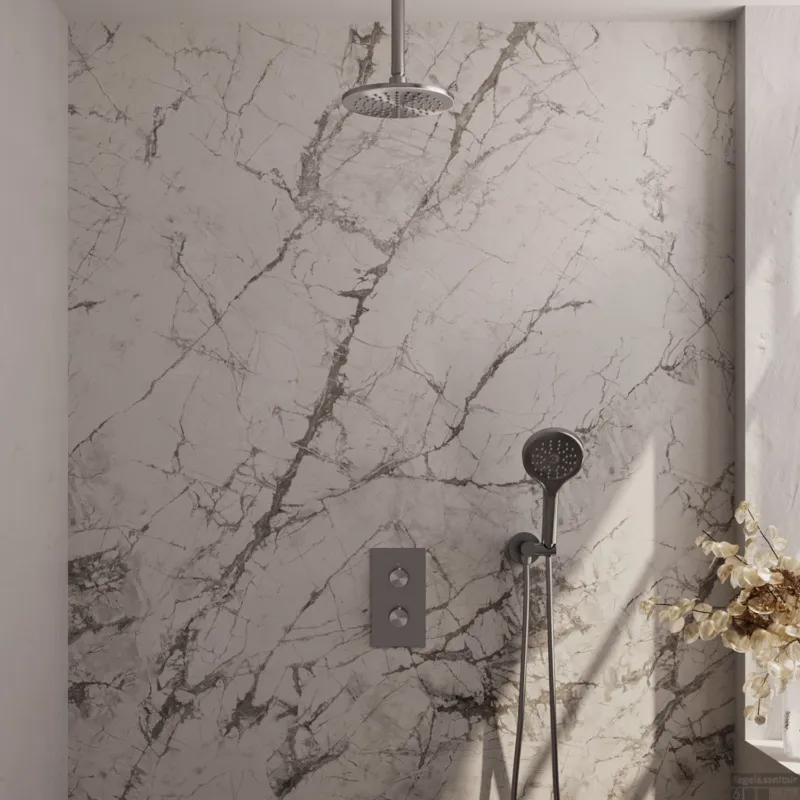 Beperkte Voorraad Regendoucheset Inbouw Brauer Brushed Carving Thermostatisch 20cm met 3-Weg Omstelling, Plafondarm en 3-Standen Handdouche Geborsteld RVS