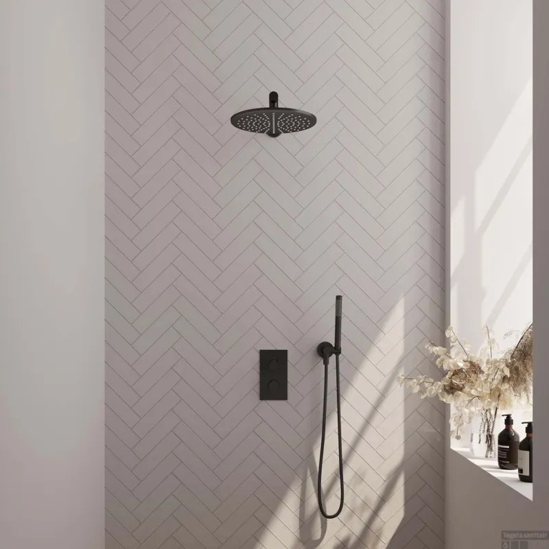 Beperkt Aanbod Regendoucheset Inbouw Brauer Black Carving Thermostatisch 30cm met 3-Weg Omstelling, Wandarm en Staaf Handdouche Mat Zwart