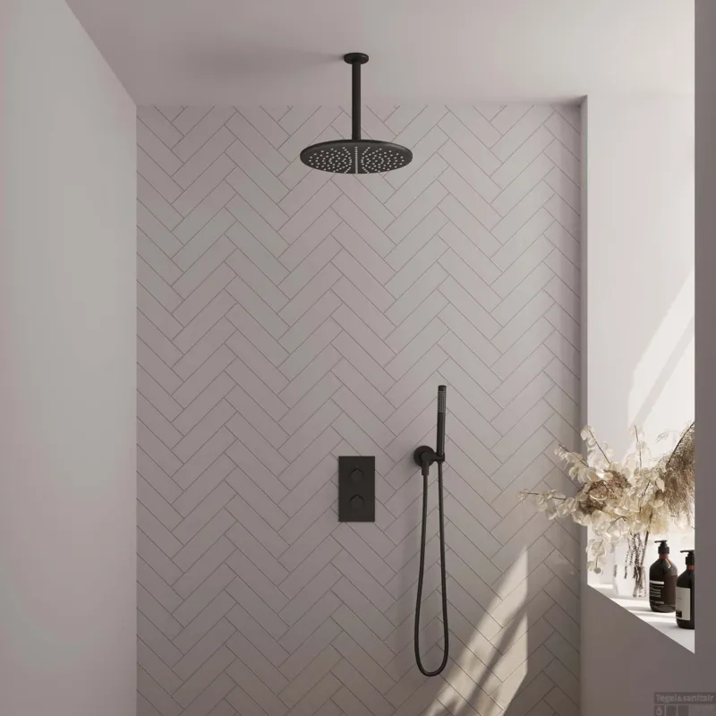 Gereduceerde Prijs Regendoucheset Inbouw Brauer Black Carving Thermostatisch 30cm met 3-Weg Omstelling, Plafondarm en Staaf Handdouche Mat Zwart