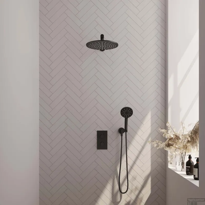 Regendoucheset Inbouw Brauer Black Carving Thermostatisch 30cm met 3-Weg Omstelling, Wandarm en 3-Standen Handdouche Mat Zwart Dagaanbieding