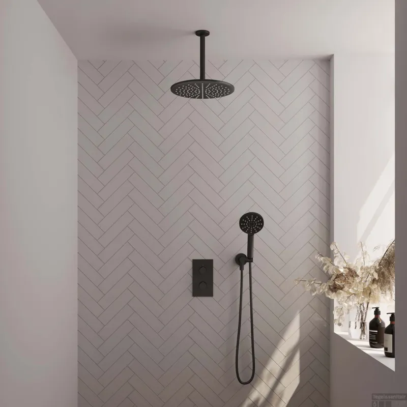 Merkproduct Regendoucheset Inbouw Brauer Black Carving Thermostatisch 30cm met 3-Weg Omstelling, Plafondarm en 3-Standen Handdouche Mat Zwart