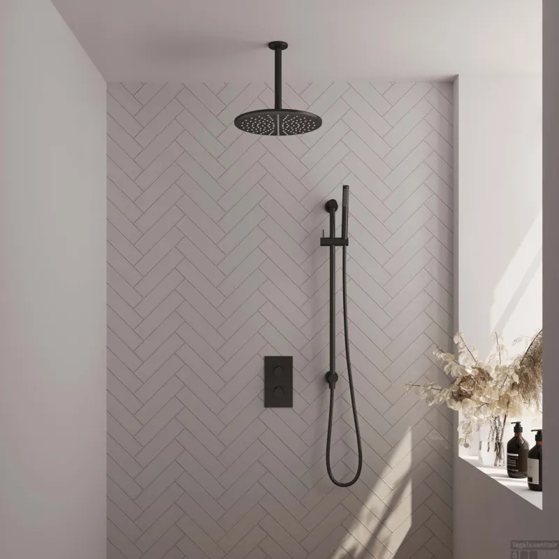 Inbouw Regendouche Set Brauer Black Edition Plafond Uitloop Ronde Hoofddouche 30 cm Met Glijstang Mat Zwart Snelle Levering