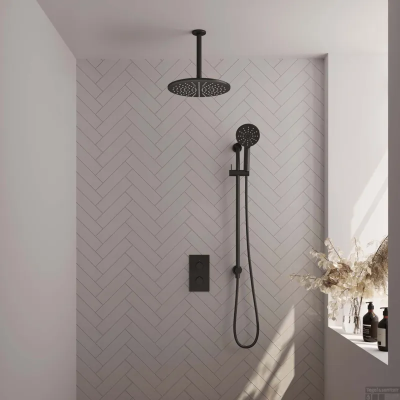 Gecertificeerd Inbouw Regendouche Set Brauer Black Edition Plafond Uitloop Ronde Hoofddouche 30 cm Met Glijstang en Handdouche 3 Standen Mat Zwart