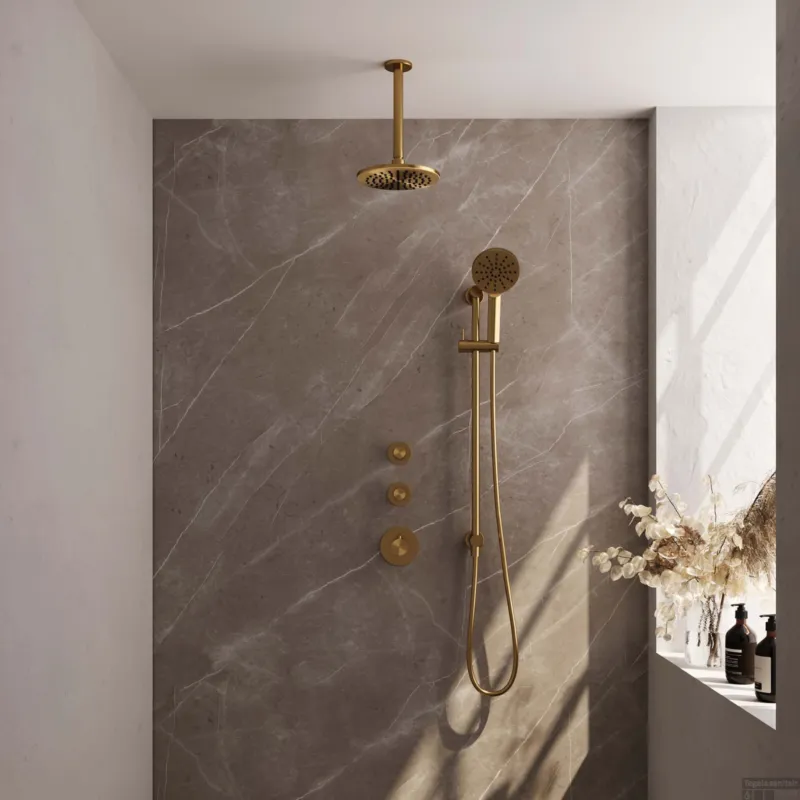 Regendoucheset Inbouw Brauer Gold Edition Thermostatisch 20cm met Plafondarm, Glijstang en Handdouche 3-Standen Losse Stopkranen Geborsteld Goud Snelle Levering
