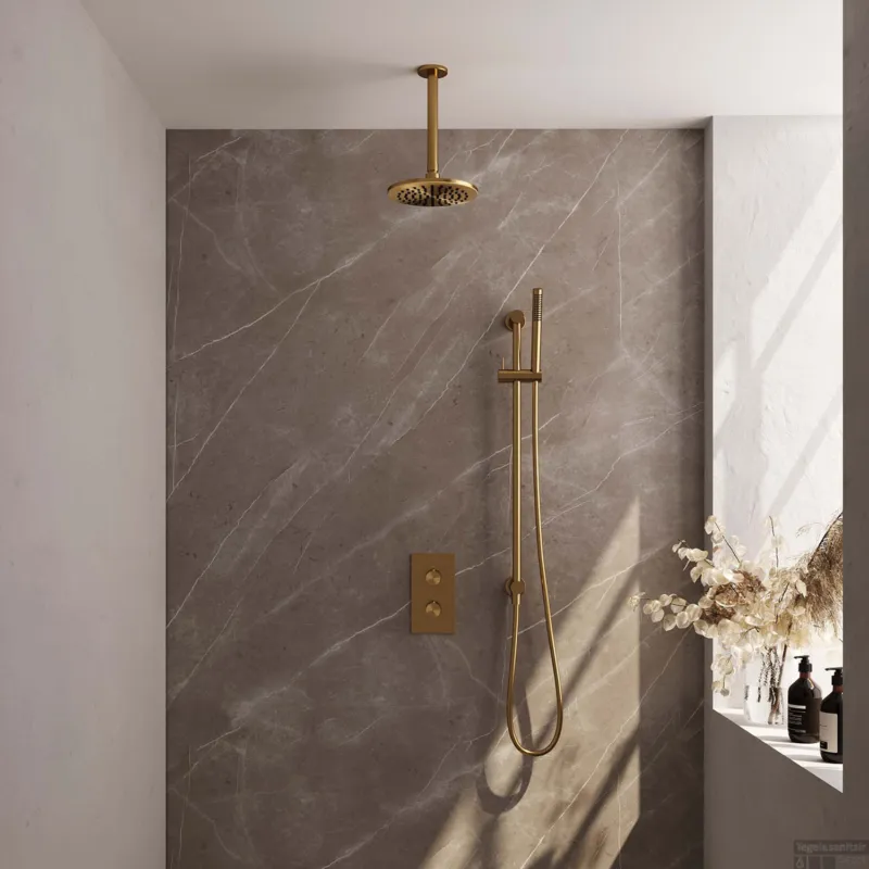 Veilige Betaling Regendoucheset Inbouw Brauer Gold Edition Thermostatisch 20cm met 3-Weg Omstelling, Plafondarm, Glijstang en Staaf Handdouche Geborsteld Goud