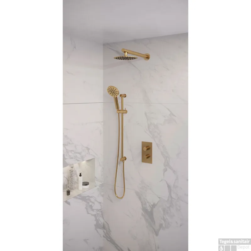 Regendoucheset Inbouw Brauer Gold Edition Thermostatisch 20cm met 3-Weg Omstelling, Wandarm, Glijstang en Handdouche 3-Standen Geborsteld Goud Tijdelijk Beschikbaar