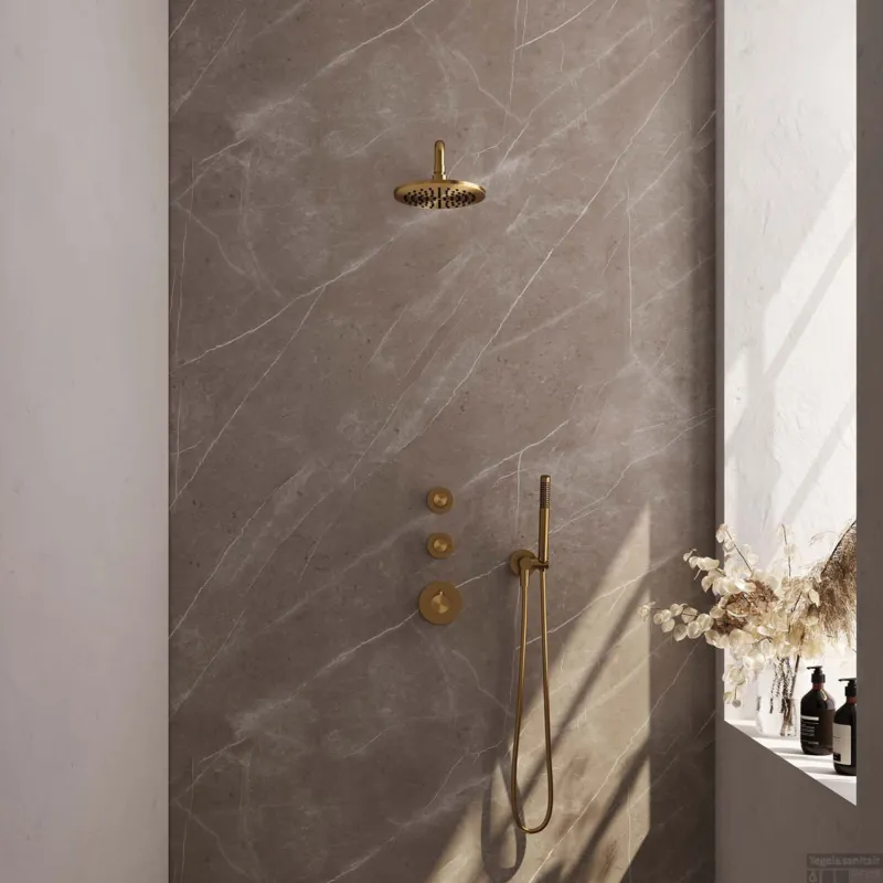 Regendoucheset Inbouw Brauer Gold Carving Thermostatisch 20cm met Gebogen Wandarm en Handdouche Staaf Losse Stopkranen Geborsteld Goud Seizoensaanbieding
