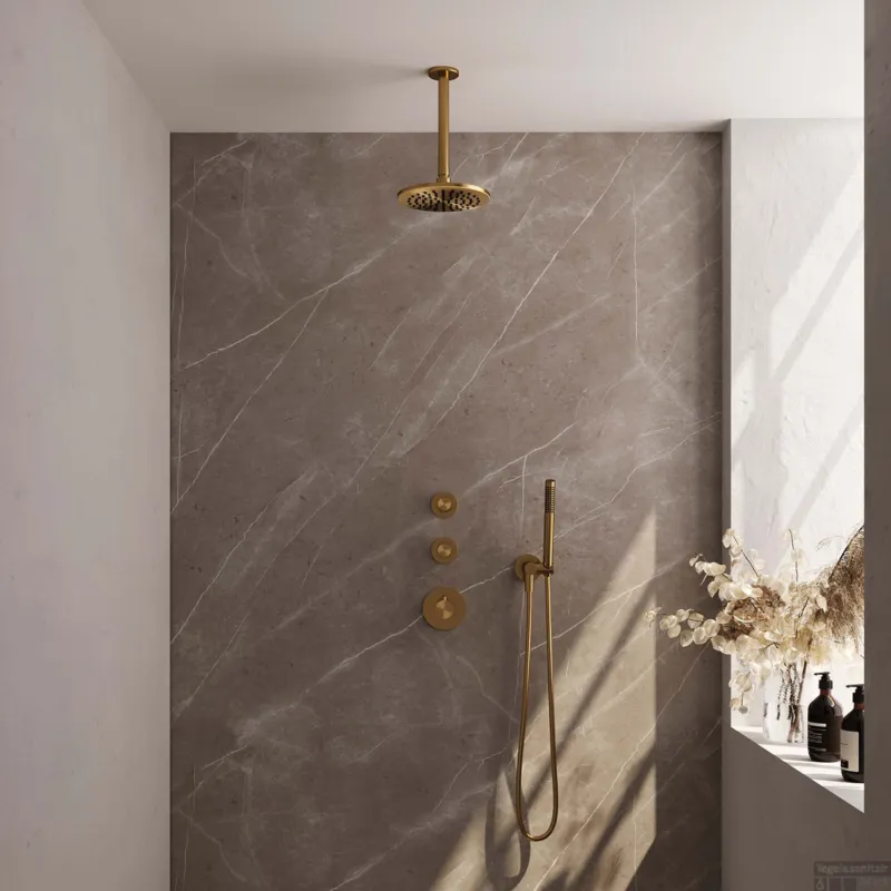 Uitverkoop Regendoucheset Inbouw Brauer Gold Carving Thermostatisch 20cm met Plafondarm en Handdouche Staaf Losse Stopkranen Geborsteld Goud
