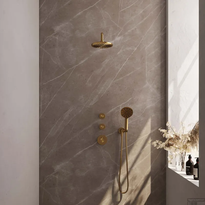 Regendoucheset Inbouw Brauer Gold Carving Thermostatisch 20cm met Gebogen Wandarm en Handdouche 3-Standen Losse Stopkranen Geborsteld Goud Gratis Retour