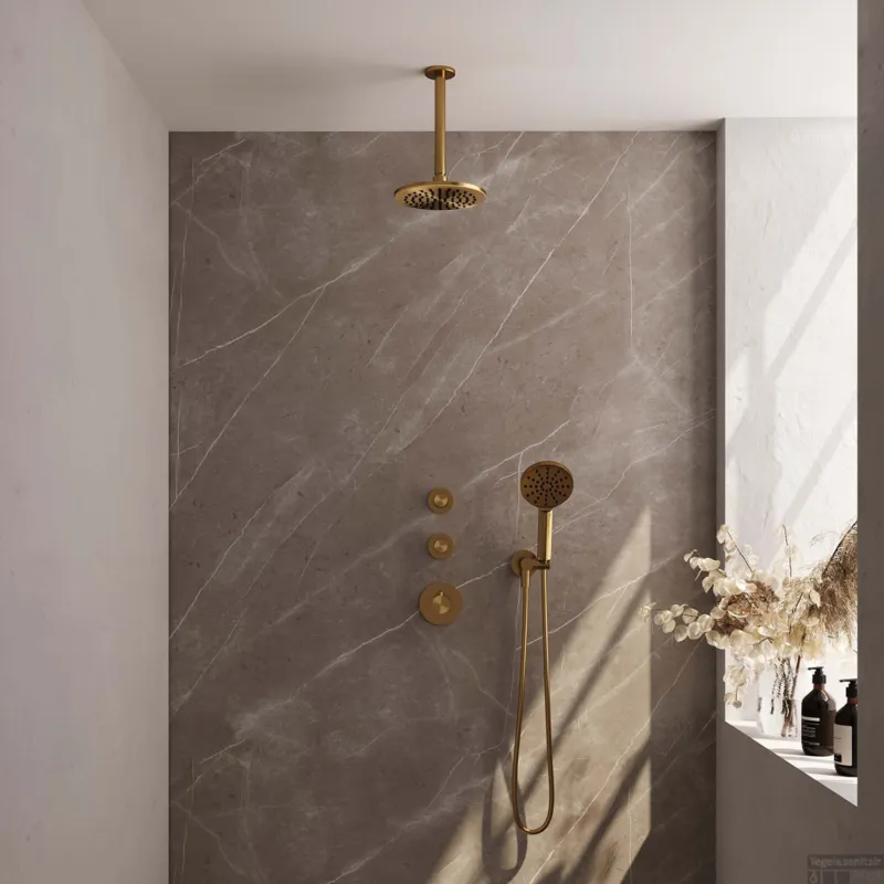 Direct Verzonden Regendoucheset Inbouw Brauer Gold Carving Thermostatisch 20cm met Plafondarm en Handdouche 3-Standen Losse Stopkranen Geborsteld Goud