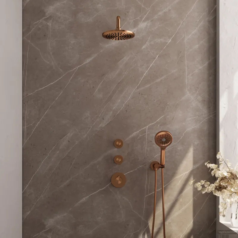 Speciale Aanbieding Regendoucheset Inbouw Brauer Copper Carving Thermostatisch 20cm met Gebogen Wandarm en Handdouche 3-Standen Losse Stopkranen Geborsteld Koper