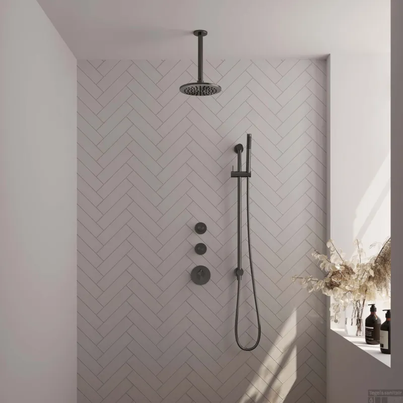 Regendoucheset Inbouw Brauer Gunmetal Edition Thermostatisch 20cm met Plafondarm, Glijstang en Handdouche Staaf Losse Stopkranen Geborsteld Gunmetal Laatste Kans