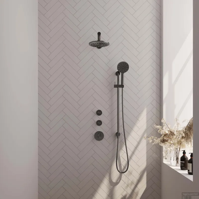 Superprijs Regendoucheset Inbouw Brauer Gunmetal Edition Thermostatisch 20cm met Wandarm, Glijstang en Handdouche 3-Standen Losse Stopkranen Geborsteld Gunmetal