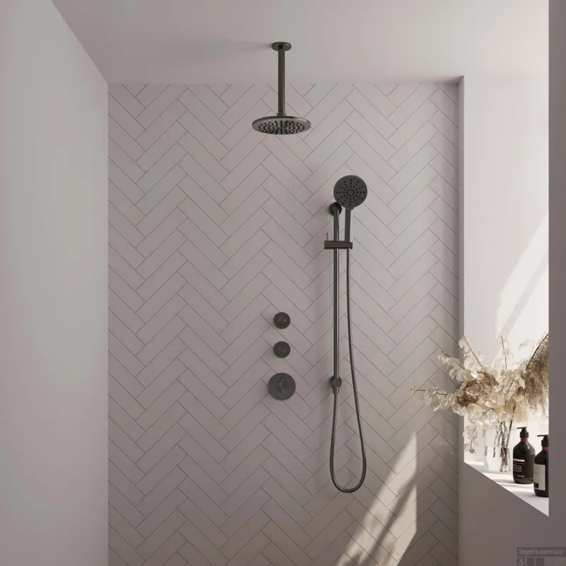 Dagaanbieding Regendoucheset Inbouw Brauer Gunmetal Edition Thermostatisch 20cm met Plafondarm, Glijstang en Handdouche 3-Standen Losse Stopkranen Geborsteld Gunmetal