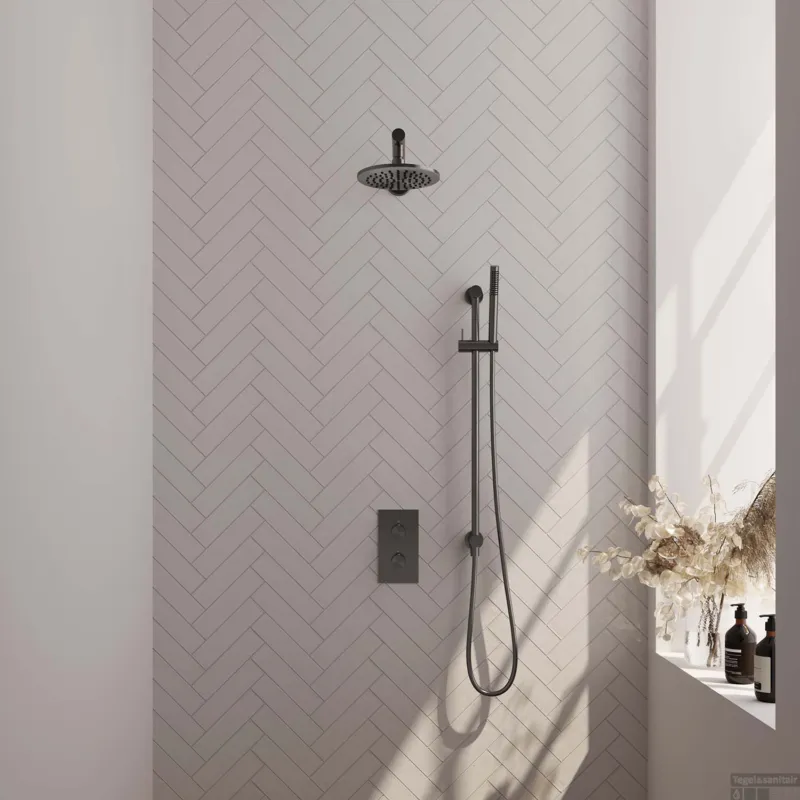 Op = Op Regendoucheset Inbouw Brauer Gunmetal Edition Thermostatisch 20cm met 3-Weg Omstelling, Wandarm, Glijstang en Staaf Handdouche Geborsteld Gunmetal