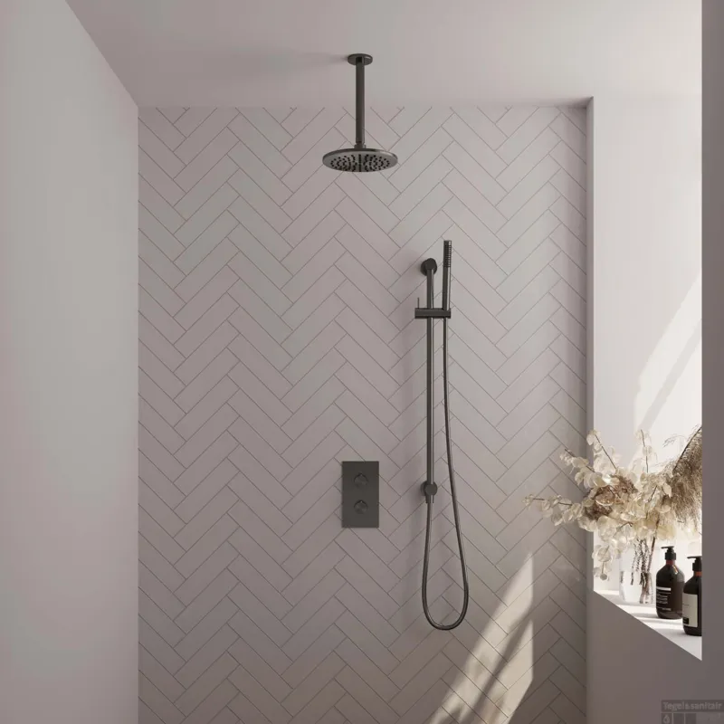 Hoge Kwaliteit Regendoucheset Inbouw Brauer Gunmetal Edition Thermostatisch 20cm met 3-Weg Omstelling, Plafondarm, Glijstang en Staaf Handdouche Geborsteld Gunmetal