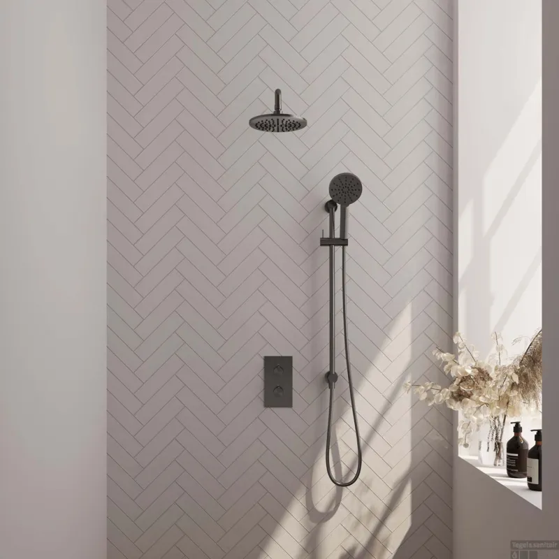 Brauer Inbouw Regendouche Gunmetal Edition 20cm Stortdouche met gebogen wandarm en handdouche Geborsteld Gunmetal Shop Nu