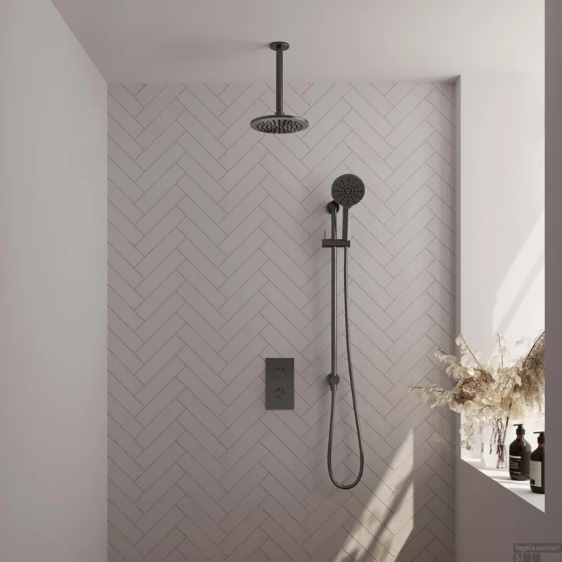 Regendoucheset Inbouw Brauer Gunmetal Edition Thermostatisch 20cm met 3-Weg Omstelling, Plafondarm, Glijstang en Handdouche 3-Standen Geborsteld Gunmetal Korting